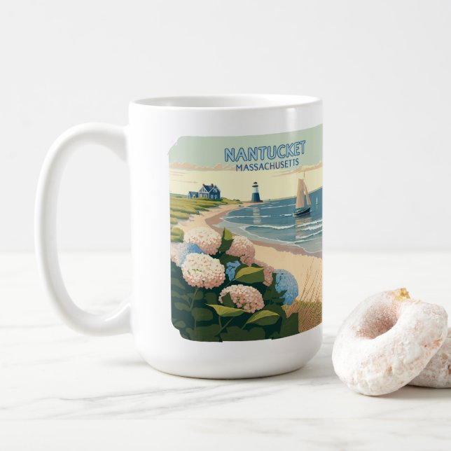 Nantucket Beach Hydrangeas Lighthouse Boat Retro Coffee Mug (With Donut)