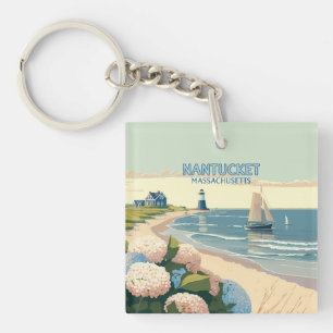 Nantucket Beach Hydrangeas Lighthouse Boat Retro Keychain