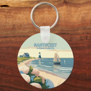 Nantucket Beach Hydrangeas Lighthouse Boat Retro Keychain