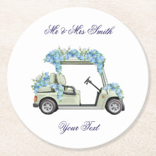  Nantucket Blue Floral Golf Cart Wedding  Round Paper Coaster