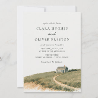 Nantucket Cottage Dune Grass Watercolor Wedding Invitation