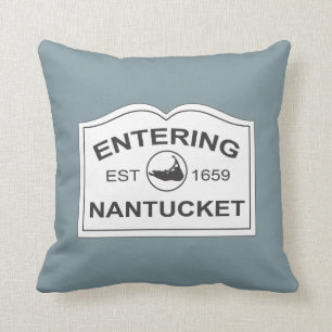 Nantucket Island, Est 1659 with Map in Denim Blue Throw Pillow