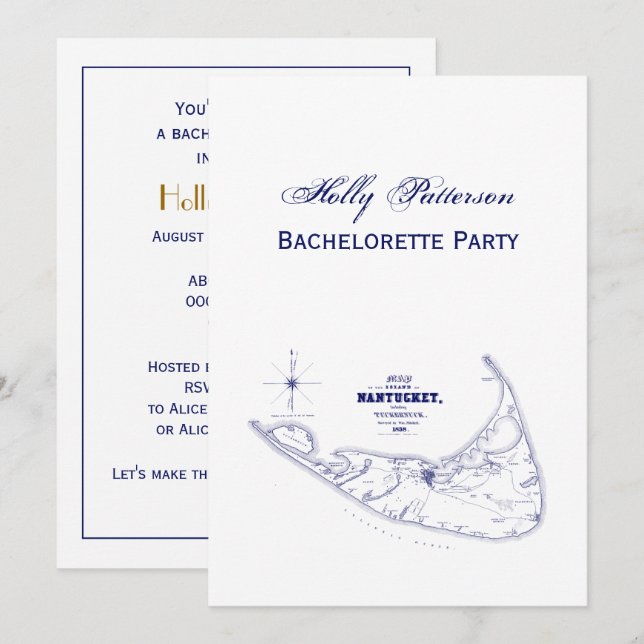 Nantucket Island MA Vintage Map Navy Blue Invitation (Front/Back)