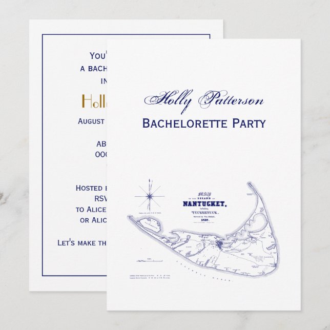 Nantucket Island MA Vintage Map Navy Blue Invitation (Front/Back)