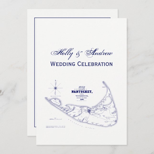 Nantucket Island MA Vintage Map Navy Blue Invitation (Front/Back)