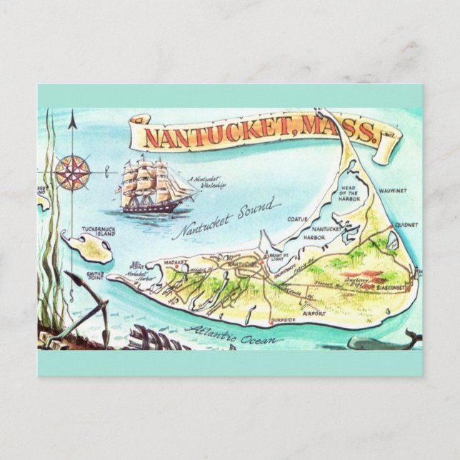  Nantucket MA Illustrated Map Postcard (Front)