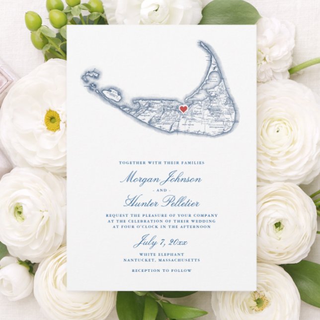 Nantucket MA Map Elegant Navy Blue Wedding Invitation (Nantucket Wedding Invitation for a White Elephant Wedding in elegant navy blue by Coastal Map Design)