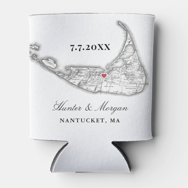 Nantucket Map Black and White Wedding Favour Drink Can Cooler (Front)