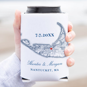 Nantucket Map Navy Blue Wedding Favour Drink Holde Can Cooler