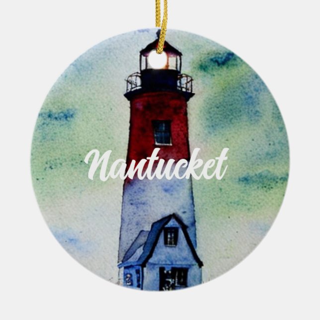 Nantucket Massachusetts Lighthouse Watercolor Ceramic Ornament (Front)