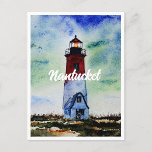 Nantucket Massachusetts Lighthouse Watercolor Holiday Postcard
