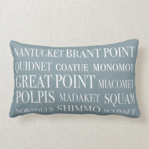 Nantucket Place Names Blue Hazelnut & White Lumbar Pillow
