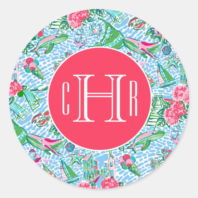 Nantucket Preppy Palm Beach Print Monogrammed Classic Round Sticker (Front)