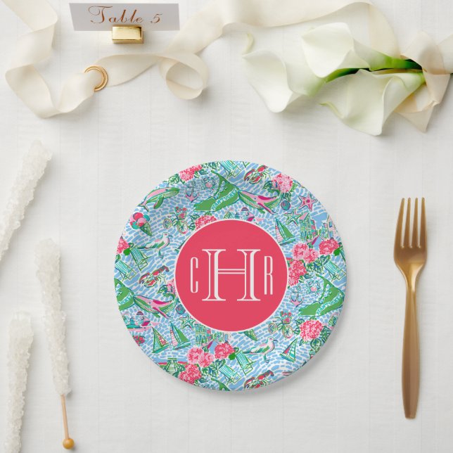 Nantucket Preppy Palm Beach Print Monogrammed Paper Plate (Wedding)