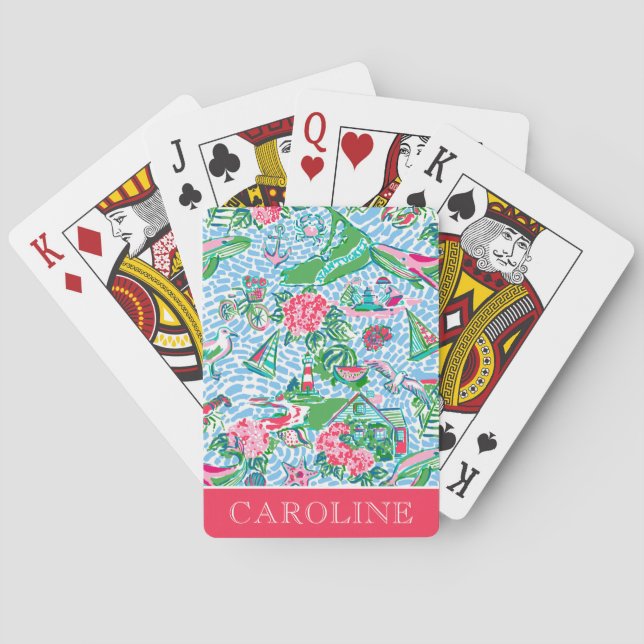 Nantucket Preppy Palm Beach Print Personalized Playing Cards (Back)