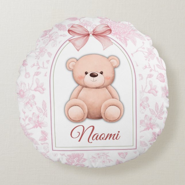 Naomi | Custom Pink Teddy Bear Nursery Design  Round Pillow (Front)