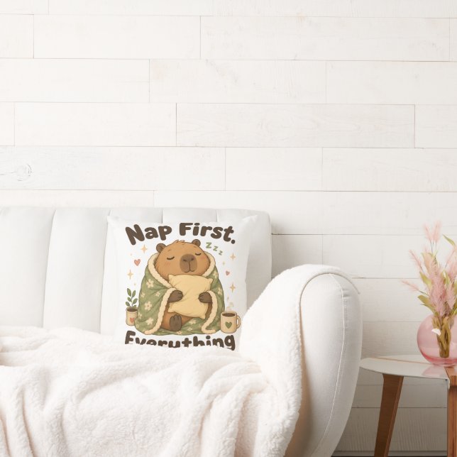 Nap First Cozy Capybara Kawaii Throw Pillow (Couch)