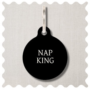 Nap King Funny Modern Black Dog ID Round Pet Tag