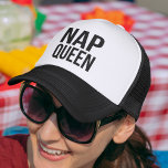 Nap Queen Trucker Hat<br><div class="desc">Hey, lazy girl. Show off your love for the mid-day snooze with this punny design. Black and white trucker hat features a play on "Trap Queen" with “Nap Queen” in clean black text.</div>