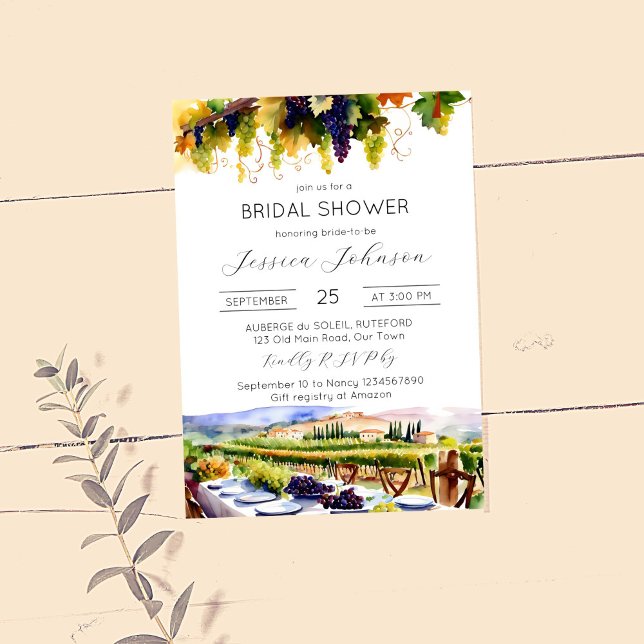 Napa Valley vineyard watercolor bridal shower Invitation (Vineyard themed bridal shower editable template invitation instant digital download watercolor vines)