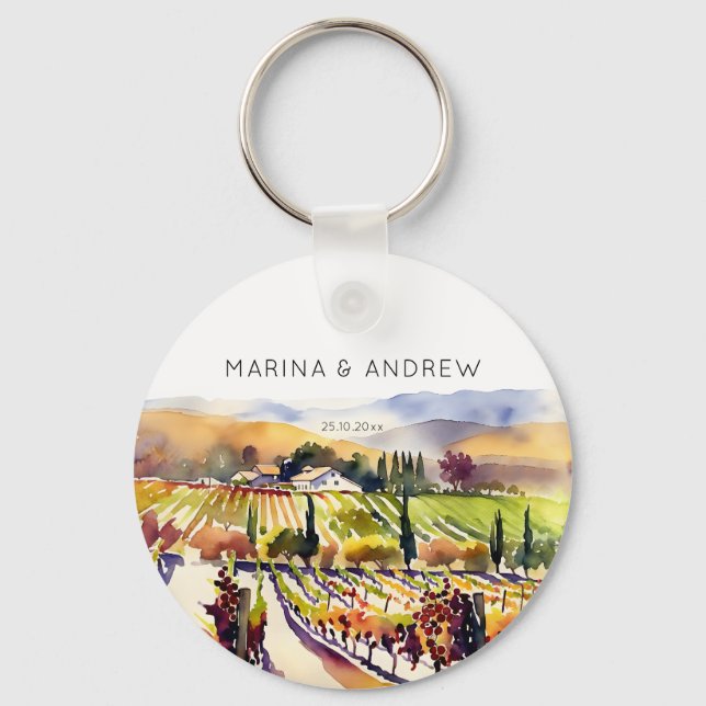 Napa Valley vineyard watercolor wedding favours Keychain (Front)