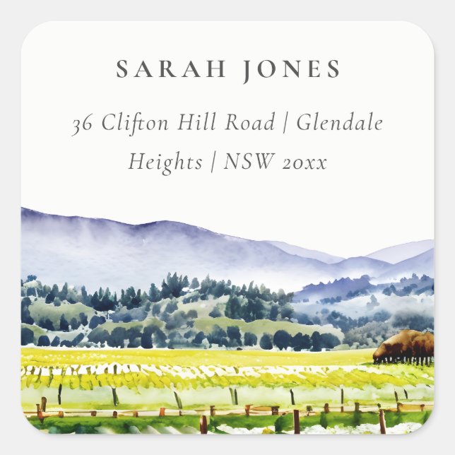 Napa Valley Watercolor Vineyard Landscape Address Square Sticker (Front)