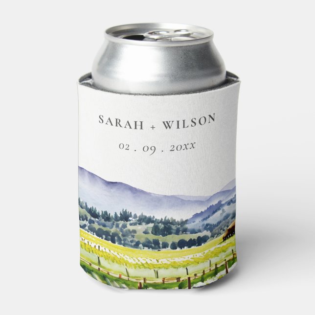 Napa Valley Watercolor Vineyard Landscape Wedding Can Cooler (Can Front)
