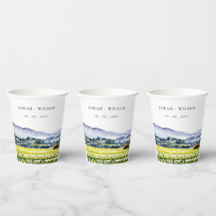 Napa Valley Watercolor Vineyard Landscape Wedding Paper Cups