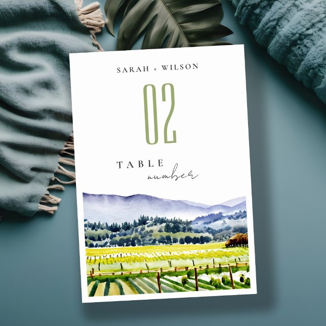 Napa Valley Watercolor Vineyard Landscape Wedding Table Number (Creator Uploaded)