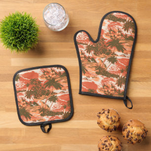 Napili Bay Hawaiian Island Scenic Coral Oven Mitt & Pot Holder Set