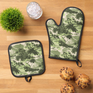 Napili Bay Hawaiian Island Scenic Green Oven Mitt & Pot Holder Set
