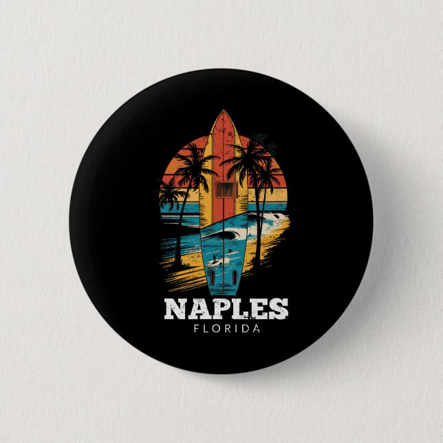 Naples Beach Florida Surfboard Surfing Retro  2 Inch Round Button (Front)