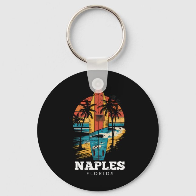 Naples Beach Florida Surfboard Surfing Retro  Keychain (Front)