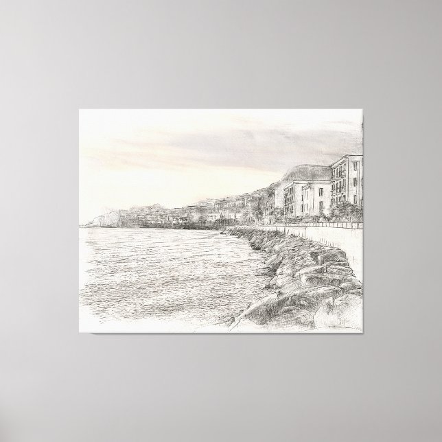 Naples cityscape sketch along beautiful bay coastl canvas print (Front)