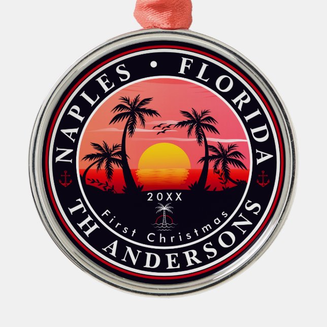 Naples Florida Beach Retro Sunset Palm Tree 80s Metal Ornament (Front)