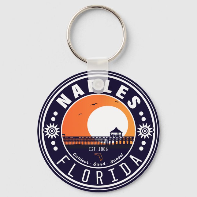 Naples Florida Beach Retro Sunset Pier 80s Keychain (Front)