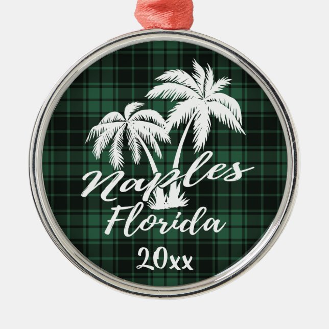 Naples Florida Palm Tree Green Plaid Metal Ornament (Front)
