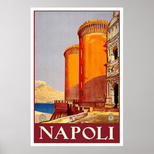 Naples fortress, Italy, medieval, vintage travel Poster