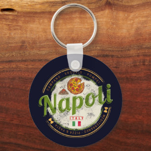 Naples Italy Retro Vesuvius And Pizza Vintage Keychain