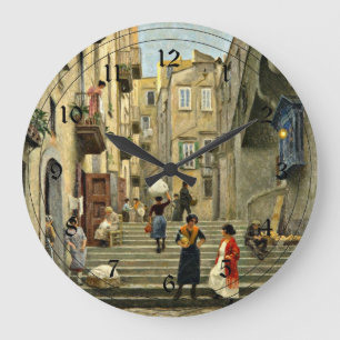 Naples Street Scene - Paul G. Fischer painting Large Clock