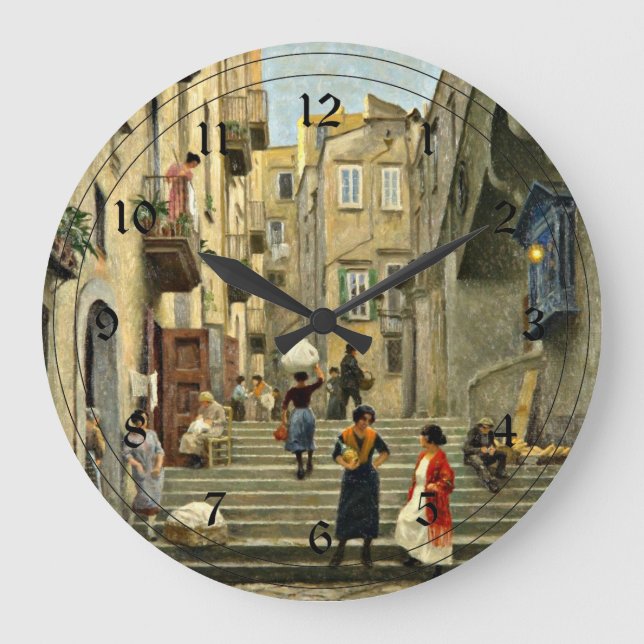 Naples Street Scene - Paul G. Fischer painting Large Clock (Front)