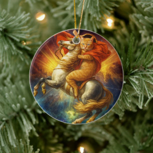 Napoleon Cat Riding Horse Through Galaxy Ceramic Ornament
