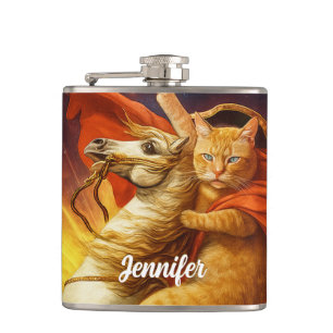Napoleon Cat Riding Horse Through Galaxy Hip Flask