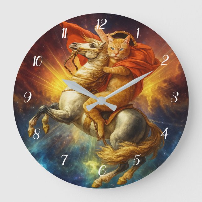 Napoleon Cat Riding Horse Through Galaxy           Large Clock (Front)