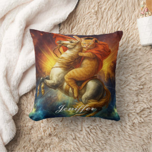 Napoleon Cat Riding Horse Through Galaxy Throw Pillow