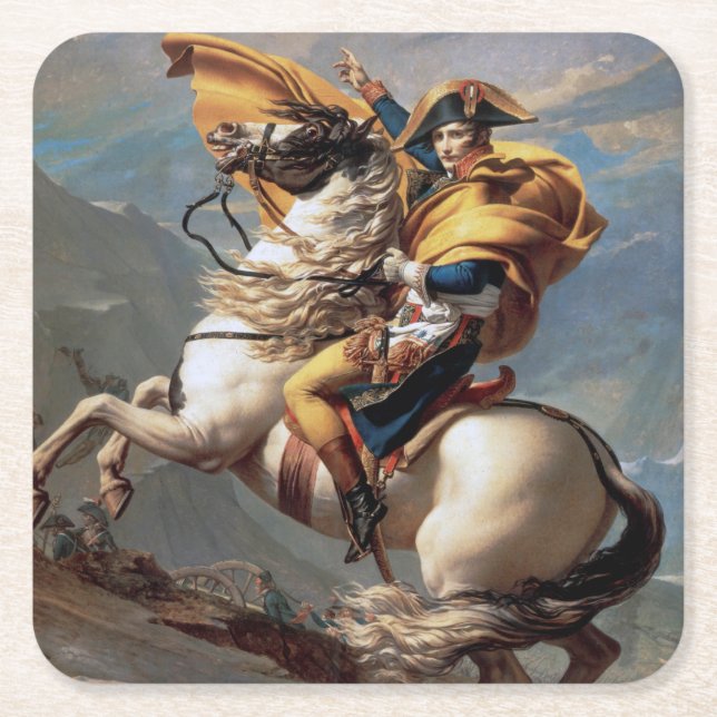 Napoleon Crossing the Alps, Jacques-Louis David Square Paper Coaster (Front)