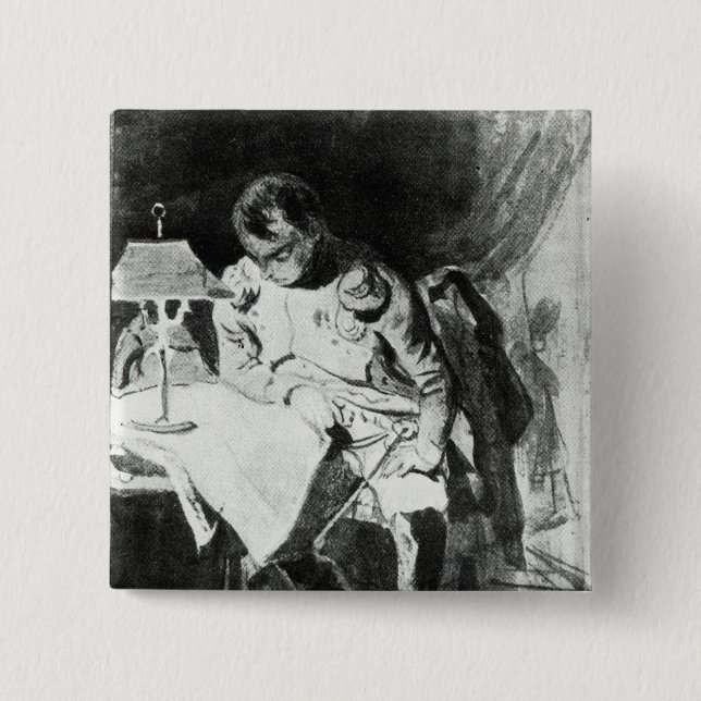 Napoleon studying his maps by lamplight, c.1800 2 inch square button (Front)