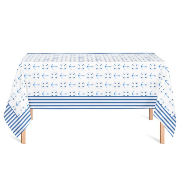 Nappe Aquarelle Ancre de bateau Lifebuoy Bordure striée (Nautical Sailing Tablecloth with watercolor boat anchor and lifebuoys, striped border)
