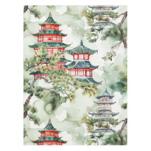 Nappe Aquarelle Pagode asiatique dans paysage verdoyant 