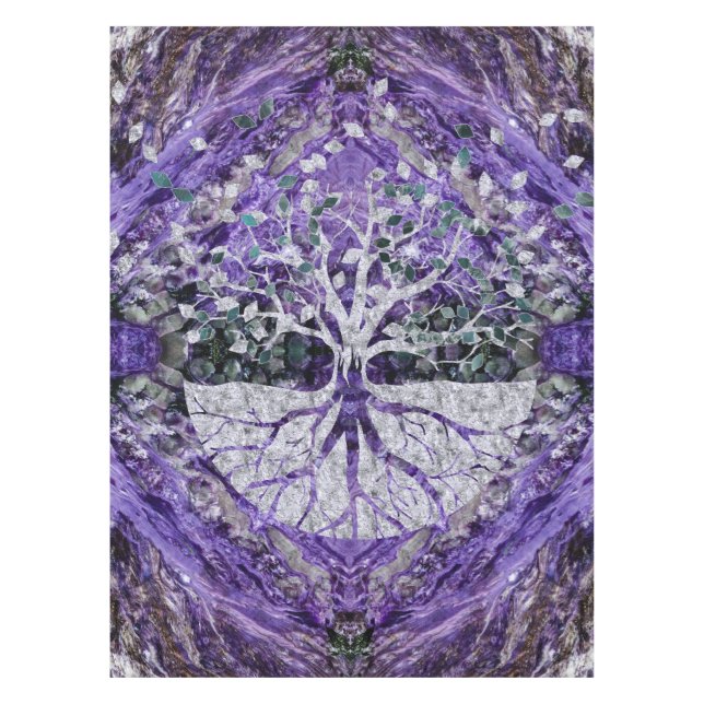 Nappe Arbre de la vie argenté Yggdrasil sur l'améthyste (Devant)